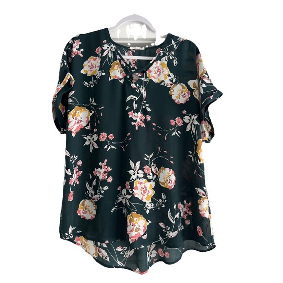 Maurice's Green & Pink Floral Blouse Cap Sleeve Shirt Sz XL - Picture 1 of 6
